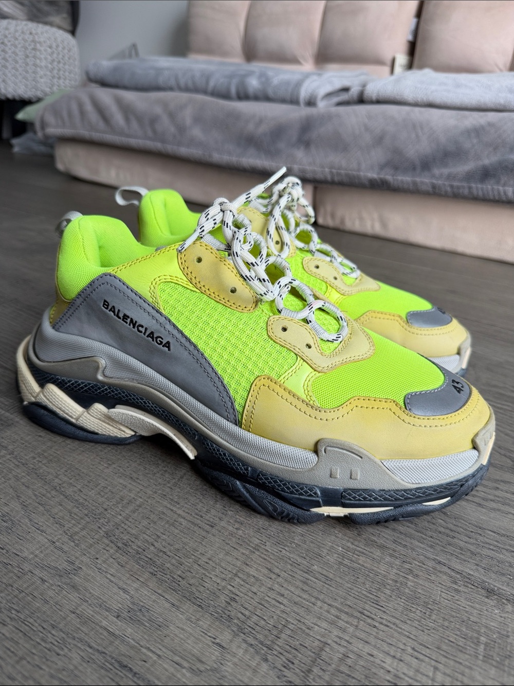 Balenciaga Men's Triple S Neon Lime and Gray Multi-Sneaker